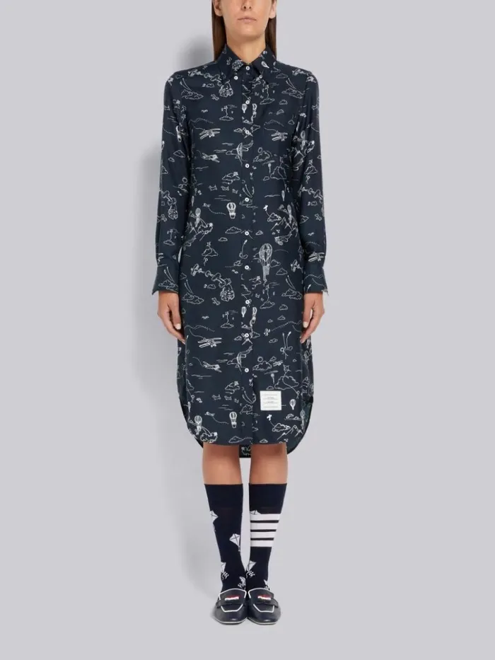 Sky Toile Printed Silk Twill Point Collar Knee Length Shirtdress Navy Women Thom Browne Dresses Sky Toile Printed Silk Twill Point Collar Knee Length Shirtdress Navy Women Thom Browne Dresses