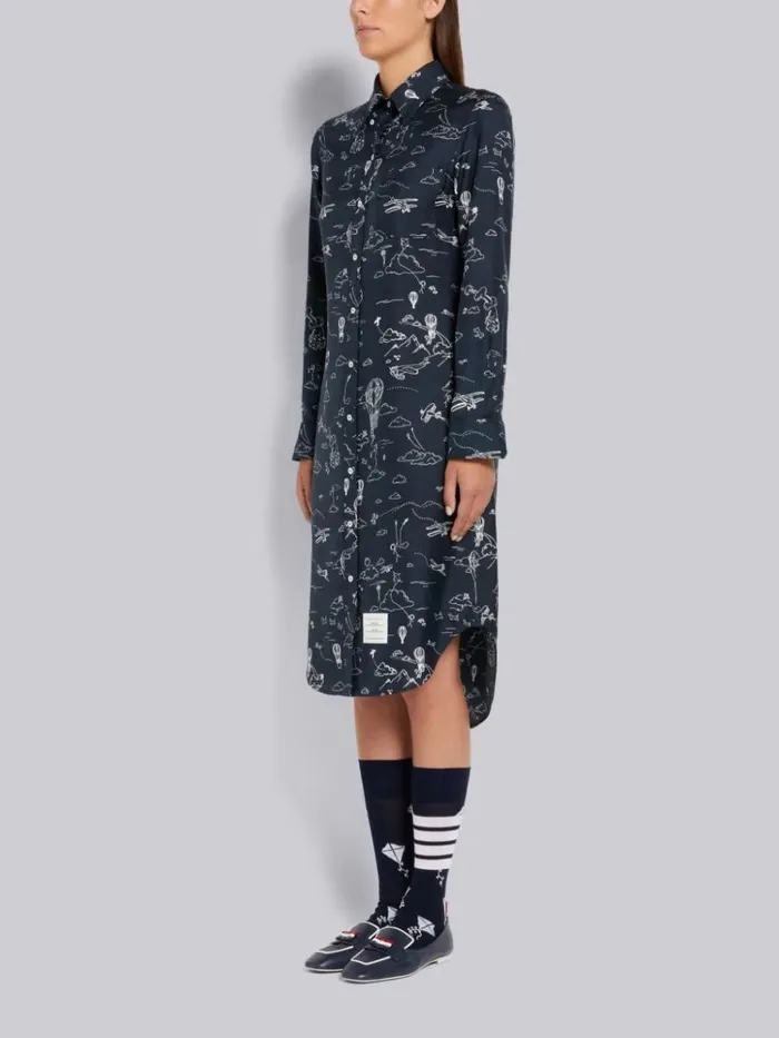 Sky Toile Printed Silk Twill Point Collar Knee Length Shirtdress Navy Women Thom Browne Dresses