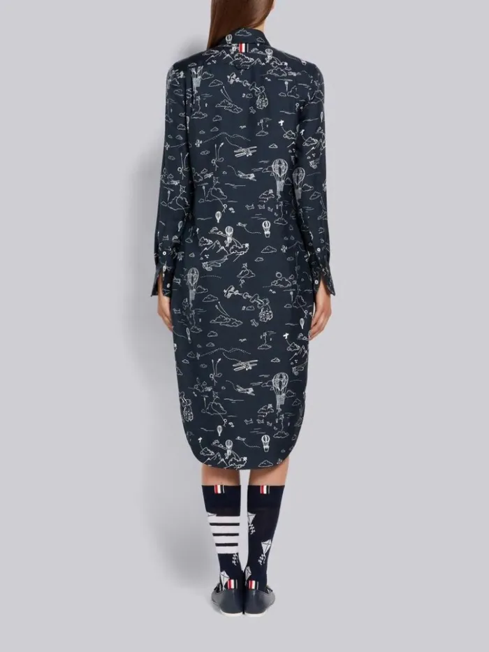 Sky Toile Printed Silk Twill Point Collar Knee Length Shirtdress Navy Women Thom Browne Dresses
