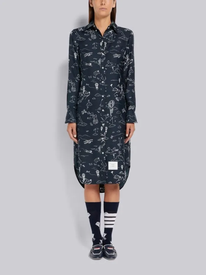 Sky Toile Printed Silk Twill Point Collar Knee Length Shirtdress Navy Women Thom Browne Dresses