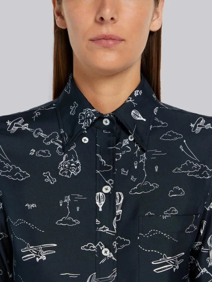 Sky Toile Printed Silk Twill Point Collar Knee Length Shirtdress Navy Women Thom Browne Dresses