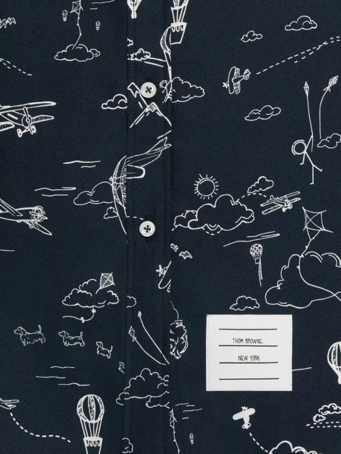 Sky Toile Printed Silk Twill Point Collar Knee Length Shirtdress Navy Women Thom Browne Dresses