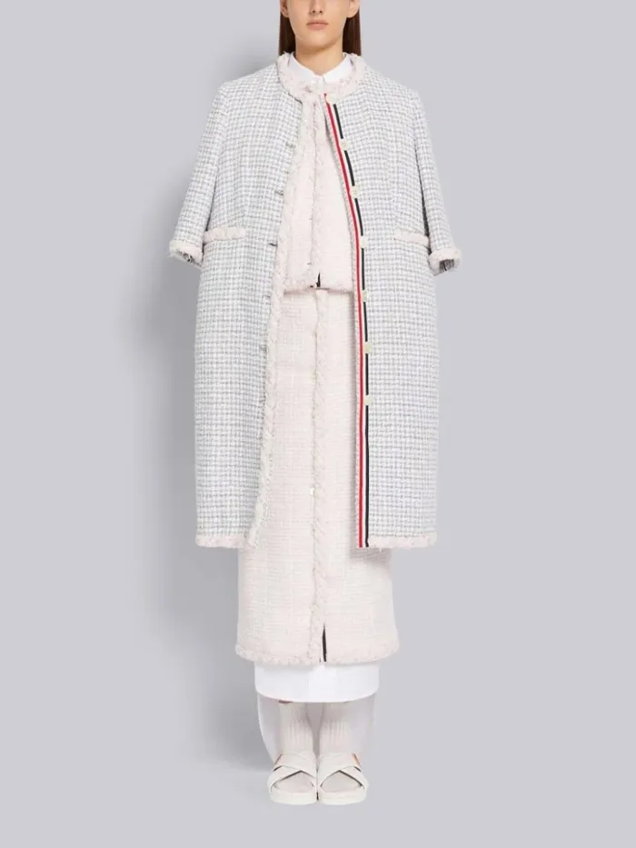 Small Hopsack Check Tweed Braided Trim Button Front Low Rise Ankle Length Cardigan Skirt Light Pink Women Thom Browne Skirts