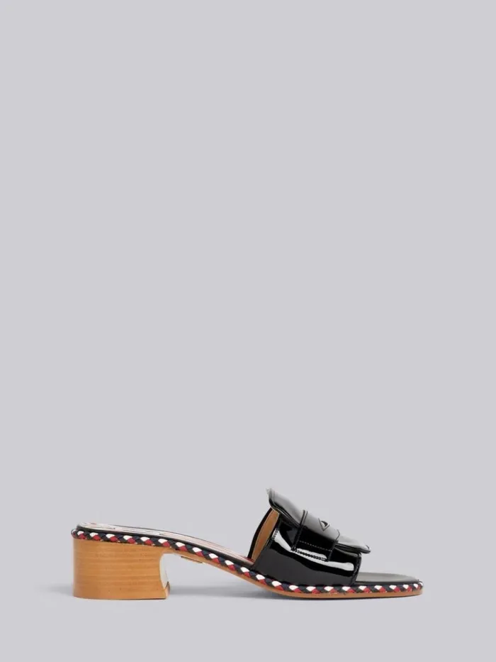 Soft Patent Leather Stripe Cord Trimmed Leather Sole 40mm Block Heel Chic Loafer Sandal Black Women Thom Browne Heels