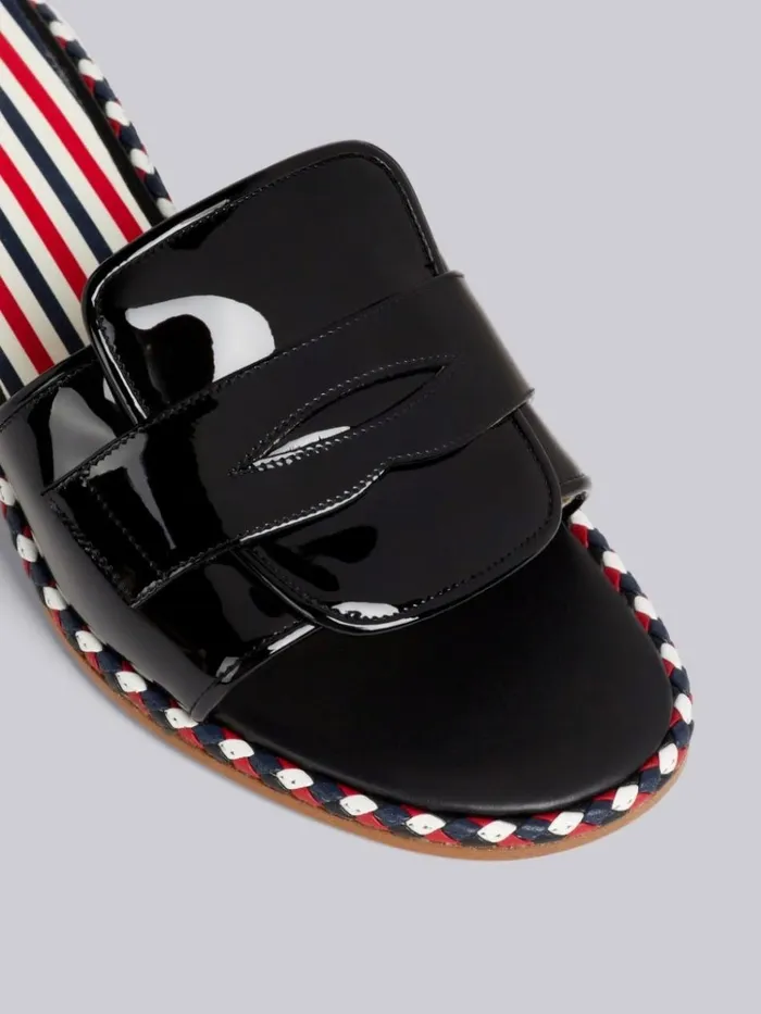Soft Patent Leather Stripe Cord Trimmed Leather Sole 40mm Block Heel Chic Loafer Sandal Black Women Thom Browne Heels