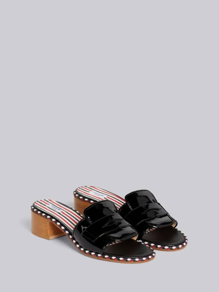 Soft Patent Leather Stripe Cord Trimmed Leather Sole 40mm Block Heel Chic Loafer Sandal Black Women Thom Browne Heels