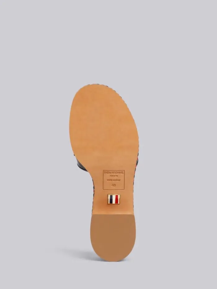 Soft Patent Leather Stripe Cord Trimmed Leather Sole 40mm Block Heel Chic Loafer Sandal Black Women Thom Browne Heels