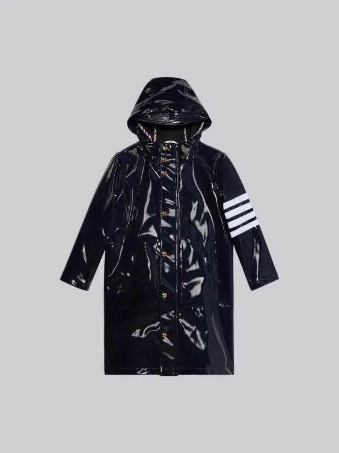 Solid Slicker 4bar Long Hooded Rain Jacket Navy GirlsBoys Thom Browne Jackets And Outerwear Solid Slicker 4bar Long Hooded Rain Jacket Navy GirlsBoys Thom Browne Jackets And Outerwear