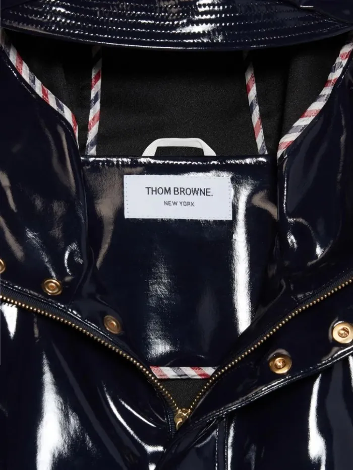 Solid Slicker 4bar Long Hooded Rain Jacket Navy GirlsBoys Thom Browne Jackets And Outerwear