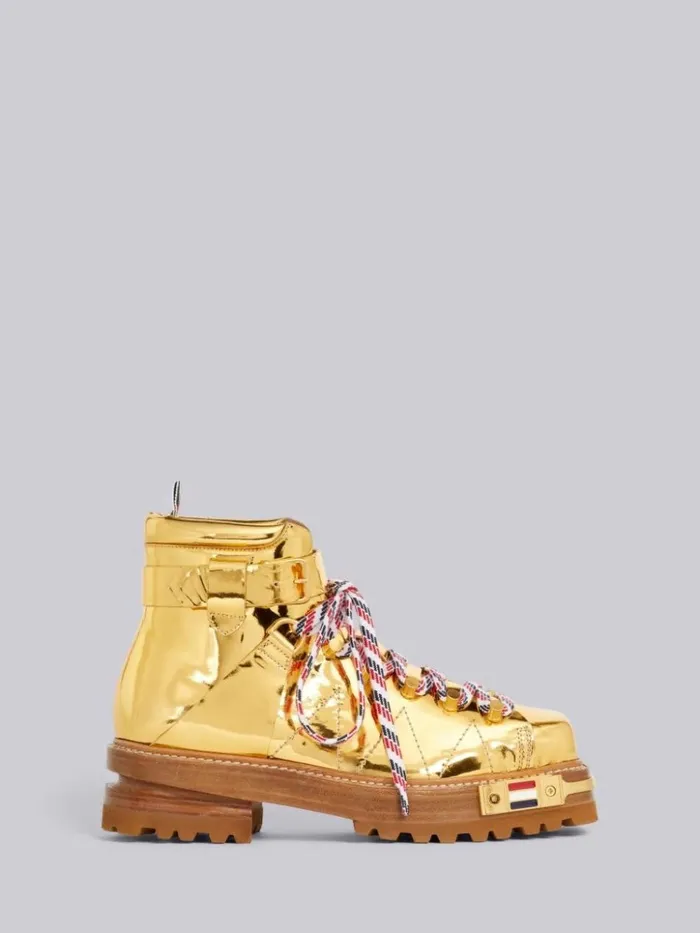 Specchio Calf Leather Brass Toe Stacked Sole Square Toe Hiking Boot Gold Women Thom Browne Boots