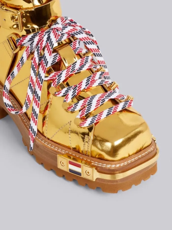 Specchio Calf Leather Brass Toe Stacked Sole Square Toe Hiking Boot Gold Women Thom Browne Boots