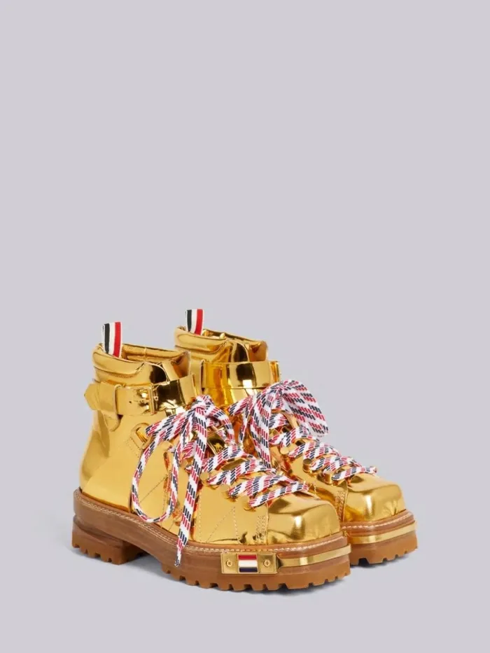 Specchio Calf Leather Brass Toe Stacked Sole Square Toe Hiking Boot Gold Women Thom Browne Boots
