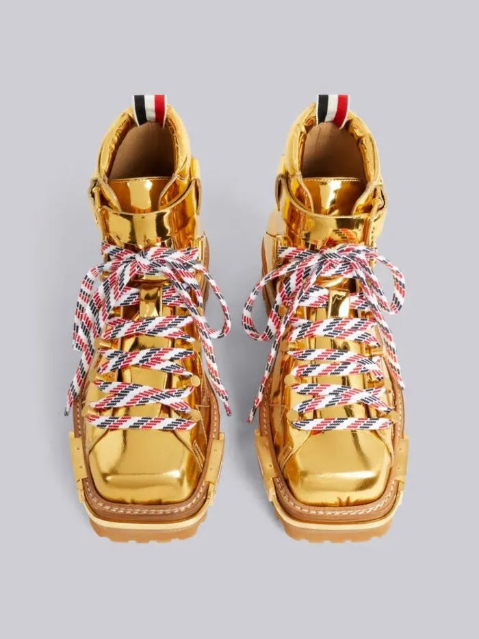 Specchio Calf Leather Brass Toe Stacked Sole Square Toe Hiking Boot Gold Women Thom Browne Boots
