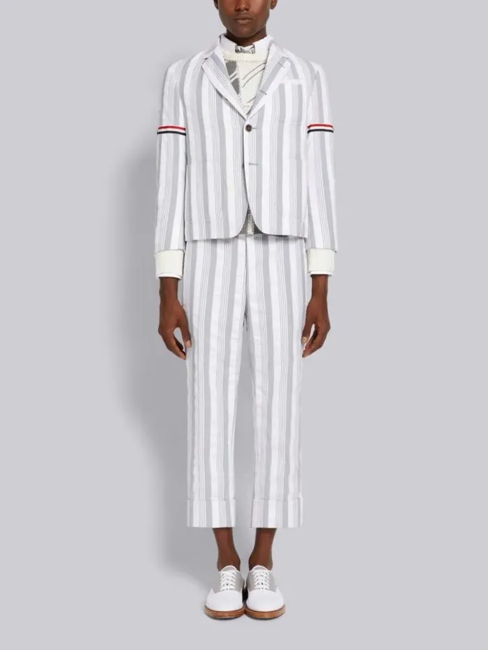 Stripe Seersucker Backstrap Low Rise Drop Crotch Trouser Medium Grey Men Thom Browne Trousers