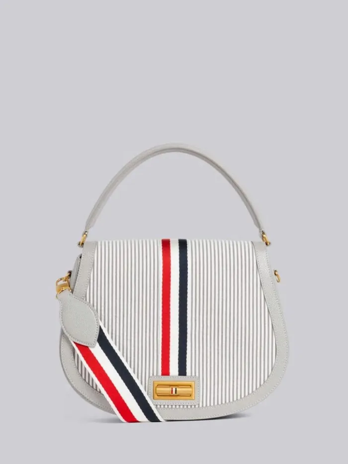 Stripe Seersucker Webbing Strap Enamel Lock Large Saddle Shoulder Bag Medium Grey Women Thom Browne Crossbody Bags Stripe Seersucker Webbing Strap Enamel Lock Large Saddle Shoulder Bag Medium Grey Women Thom Browne Crossbody Bags