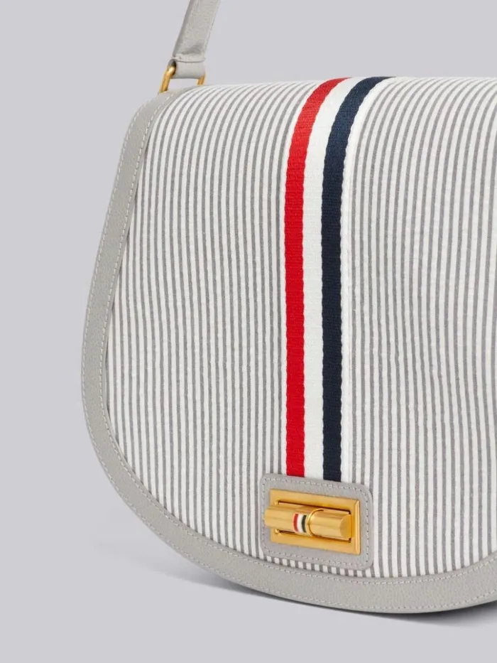 Stripe Seersucker Webbing Strap Enamel Lock Large Saddle Shoulder Bag Medium Grey Women Thom Browne Crossbody Bags