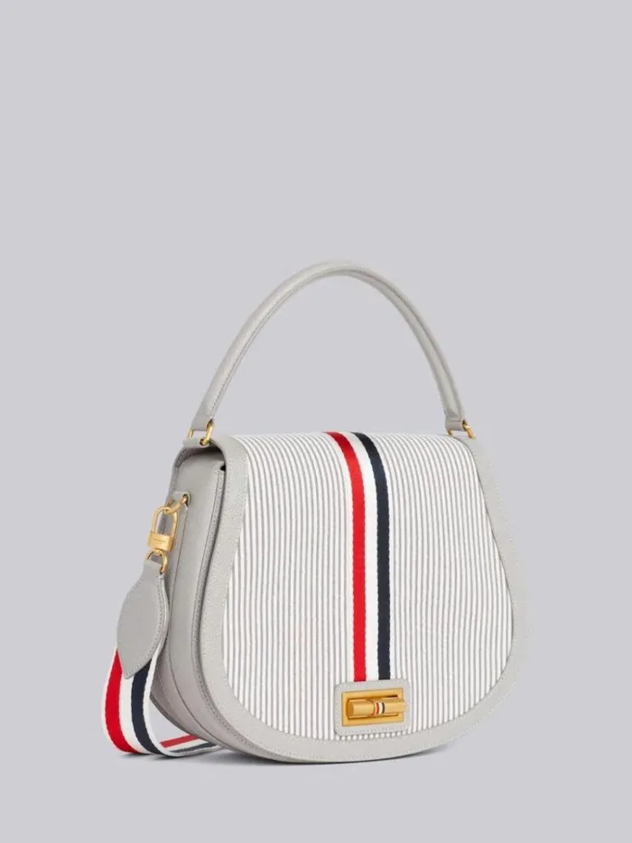 Stripe Seersucker Webbing Strap Enamel Lock Large Saddle Shoulder Bag Medium Grey Women Thom Browne Crossbody Bags