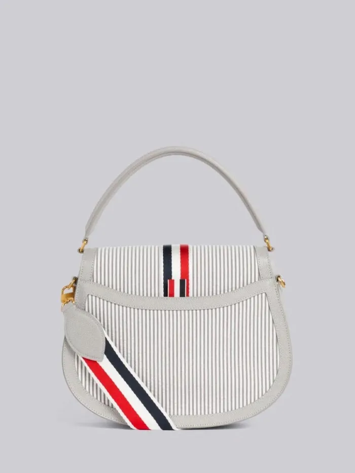 Stripe Seersucker Webbing Strap Enamel Lock Large Saddle Shoulder Bag Medium Grey Women Thom Browne Crossbody Bags