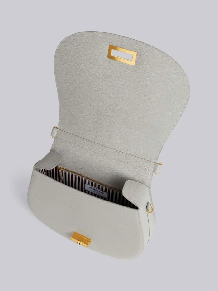 Stripe Seersucker Webbing Strap Enamel Lock Large Saddle Shoulder Bag Medium Grey Women Thom Browne Crossbody Bags