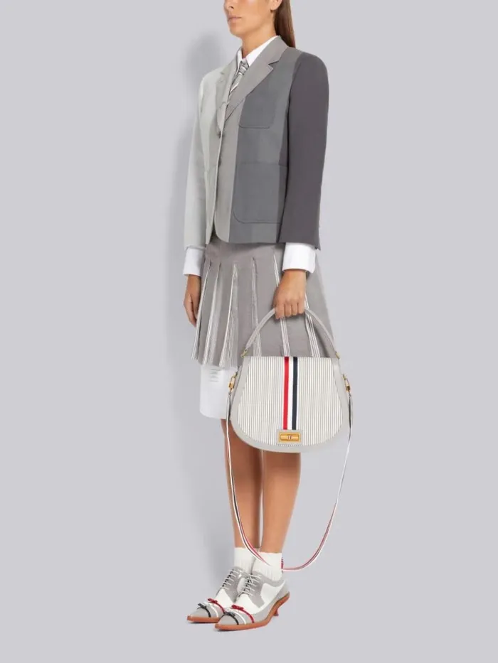 Stripe Seersucker Webbing Strap Enamel Lock Large Saddle Shoulder Bag Medium Grey Women Thom Browne Crossbody Bags