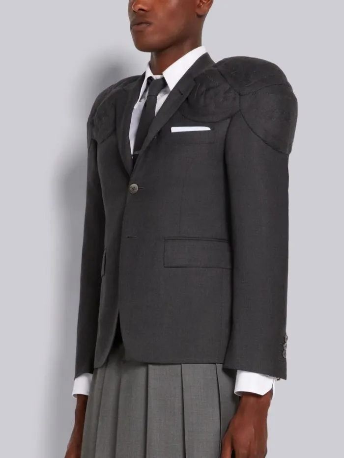 Super 120039s Twill Stacked Shoulder Pad Jacket Dark Grey Men Thom Browne Jackets and Suiting