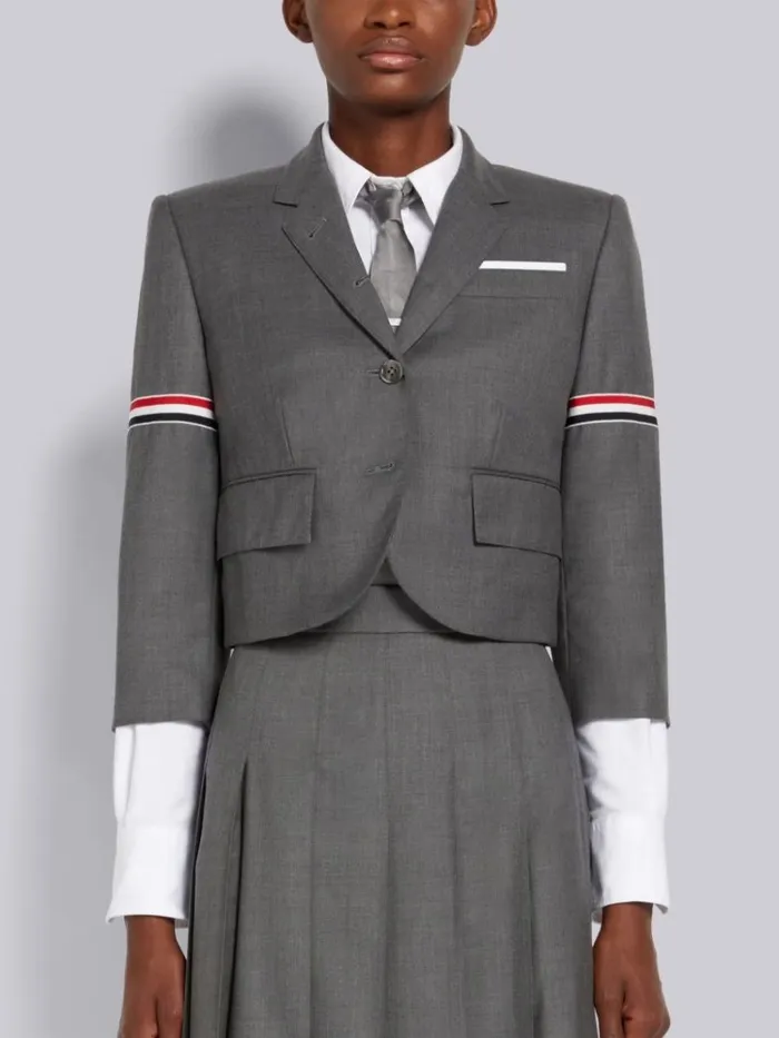 Super 120039s Twill Stripe Armband Cropped Jacket Medium Grey Women Thom Browne Jackets Super 120039s Twill Stripe Armband Cropped Jacket Medium Grey Women Thom Browne Jackets