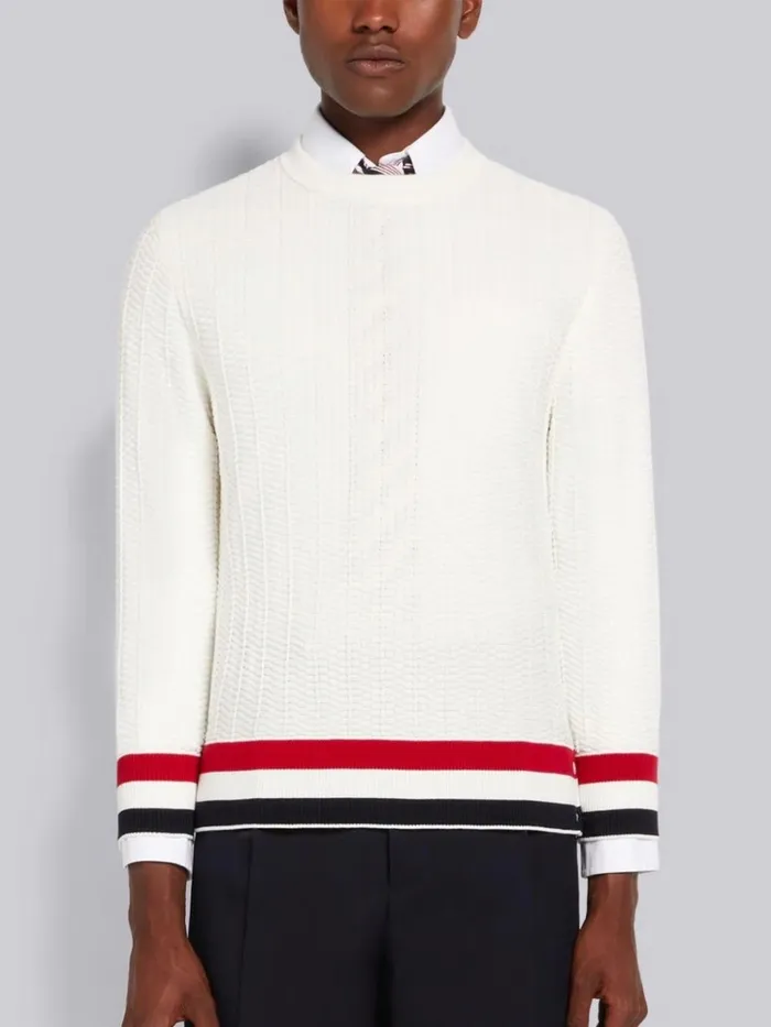 Textured Cotton Stripe Rib Crew Neck Pullover White Men Thom Browne Knitwear