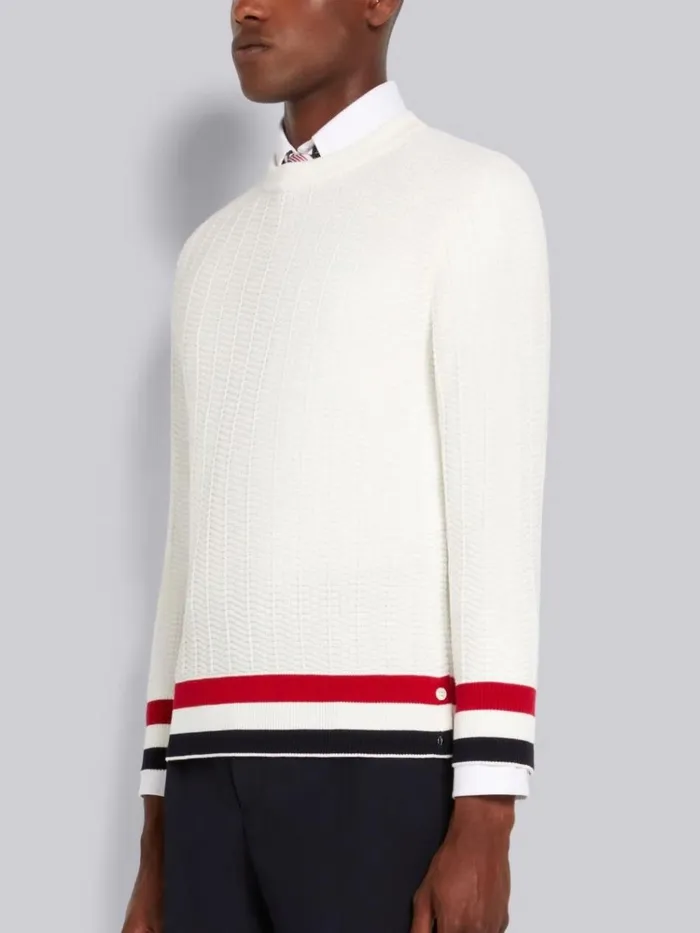 Textured Cotton Stripe Rib Crew Neck Pullover White Men Thom Browne Knitwear