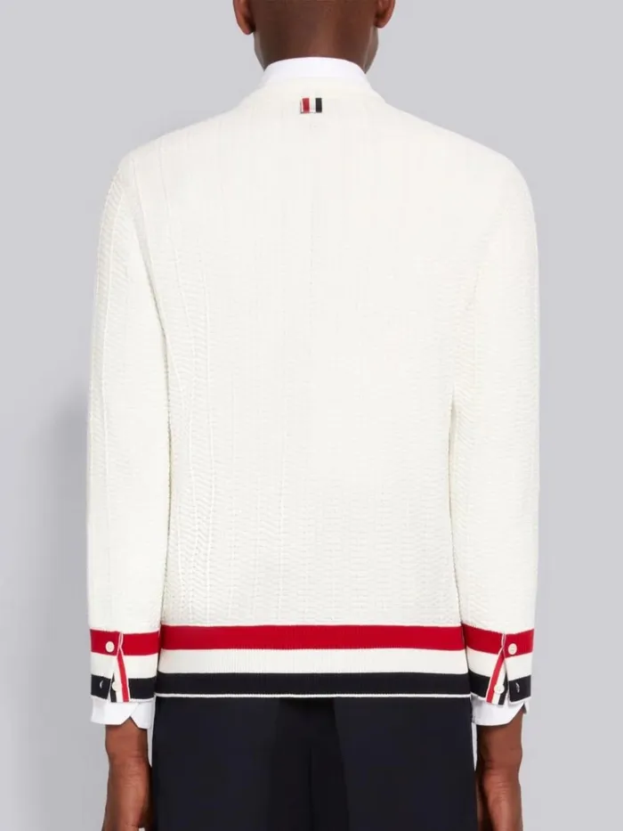 Textured Cotton Stripe Rib Crew Neck Pullover White Men Thom Browne Knitwear