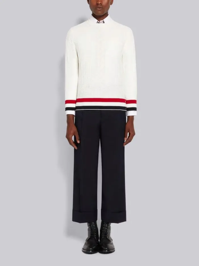 Textured Cotton Stripe Rib Crew Neck Pullover White Men Thom Browne Knitwear