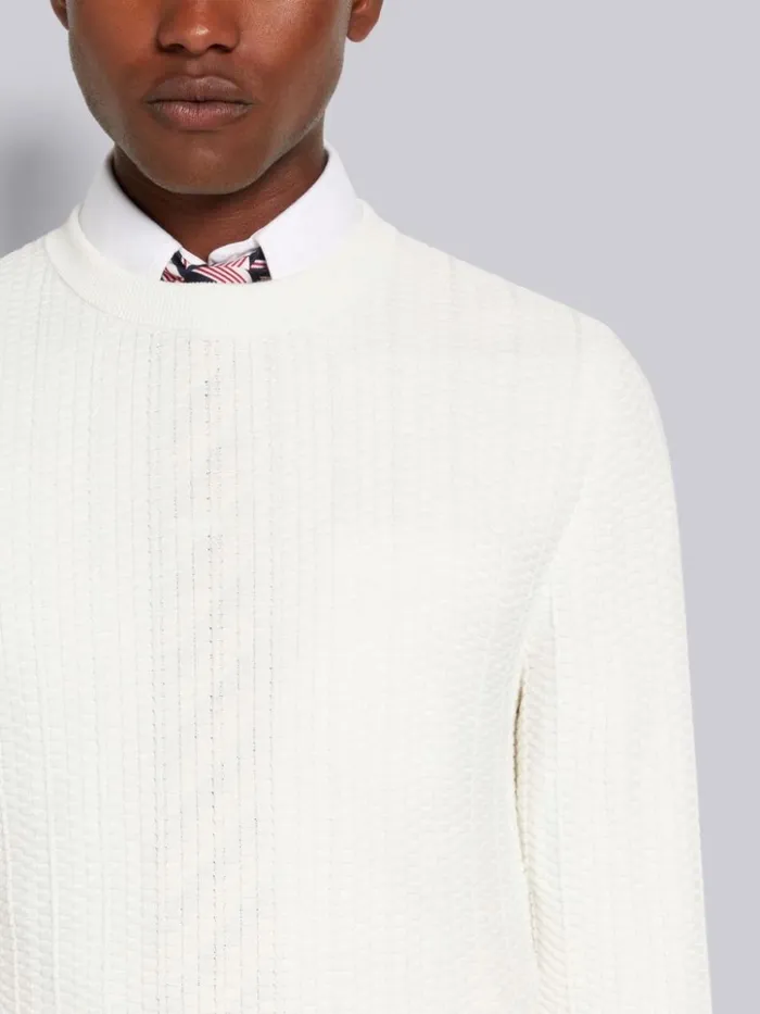 Textured Cotton Stripe Rib Crew Neck Pullover White Men Thom Browne Knitwear