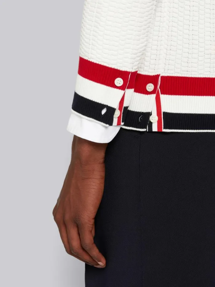 Textured Cotton Stripe Rib Crew Neck Pullover White Men Thom Browne Knitwear