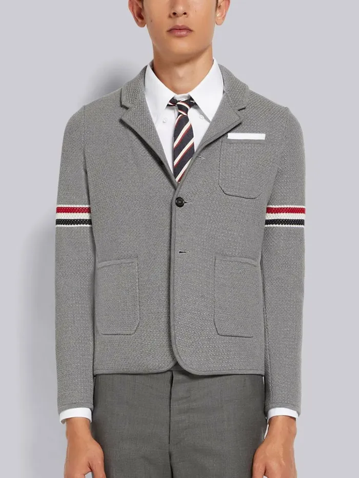 Textured Jacquard Stripe Armband Jacket Light Grey Men Thom Browne Jackets and Suiting Textured Jacquard Stripe Armband Jacket Light Grey Men Thom Browne Jackets and Suiting
