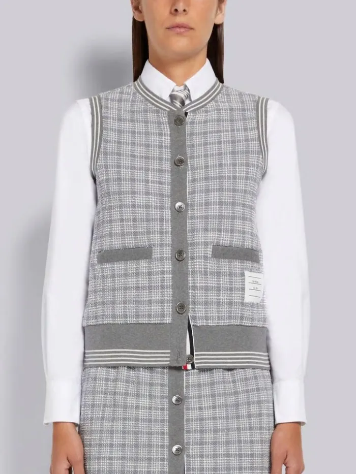 Textured Micro 4bar Check Cotton Tweed Cardigan Shell Top Medium Grey Women Thom Browne Knitwear