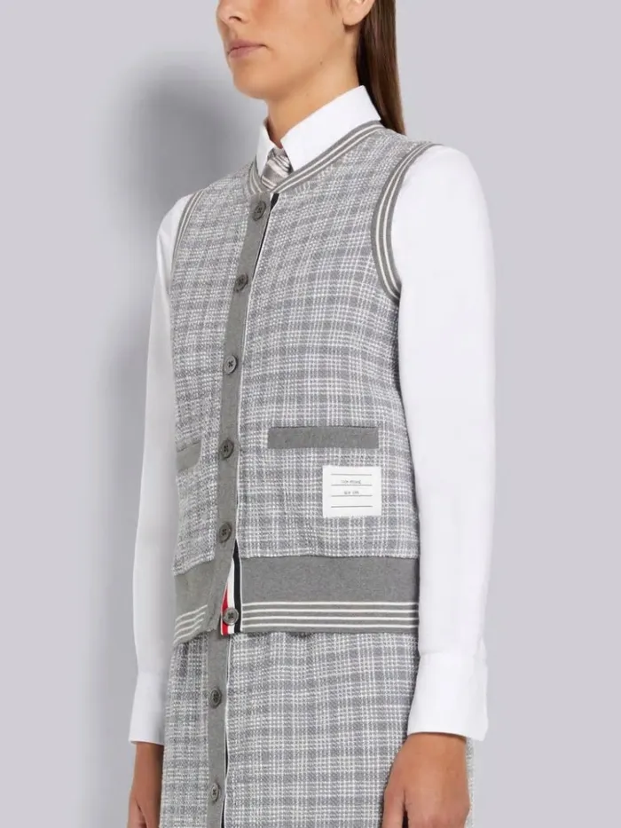 Textured Micro 4bar Check Cotton Tweed Cardigan Shell Top Medium Grey Women Thom Browne Knitwear