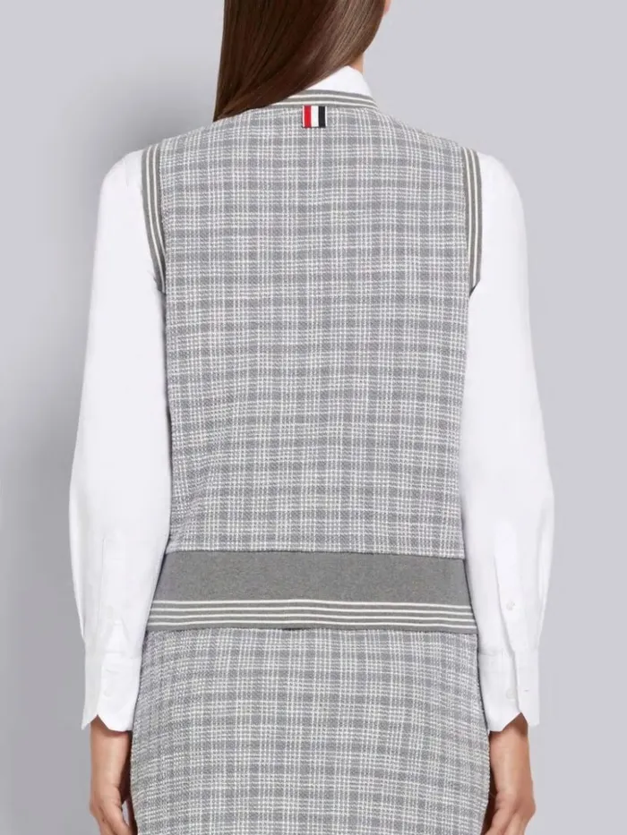 Textured Micro 4bar Check Cotton Tweed Cardigan Shell Top Medium Grey Women Thom Browne Knitwear