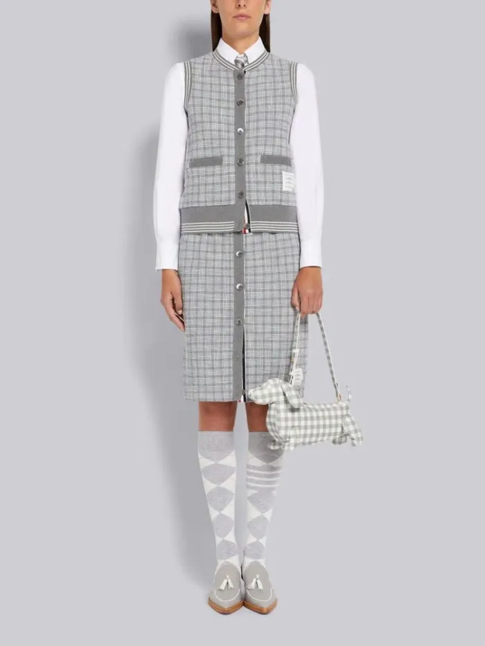 Textured Micro 4bar Check Cotton Tweed Cardigan Shell Top Medium Grey Women Thom Browne Knitwear