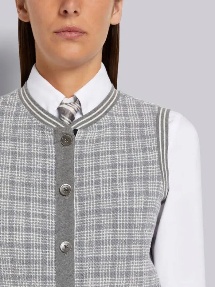 Textured Micro 4bar Check Cotton Tweed Cardigan Shell Top Medium Grey Women Thom Browne Knitwear