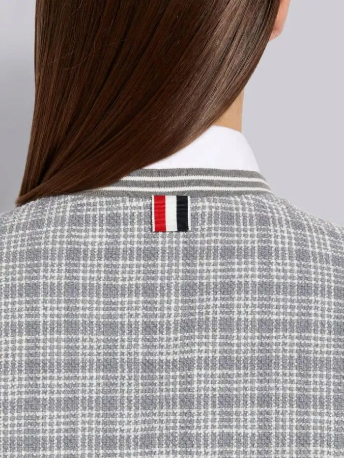 Textured Micro 4bar Check Cotton Tweed Cardigan Shell Top Medium Grey Women Thom Browne Knitwear