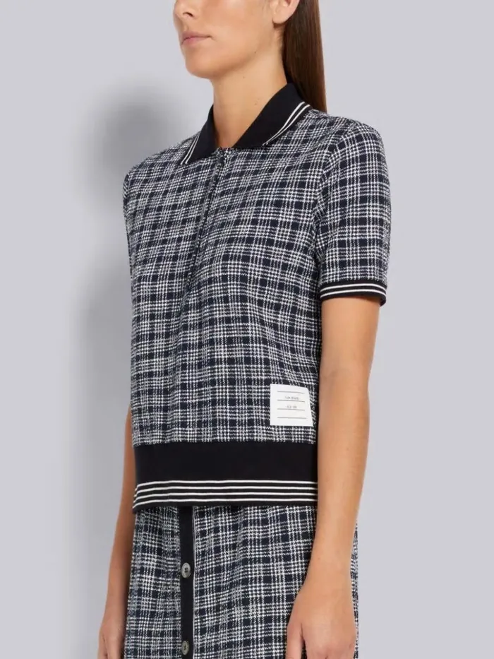 Textured Micro 4bar Check Cotton Tweed Rib Cuff Polo Navy Women Thom Browne Tshirts and Polos