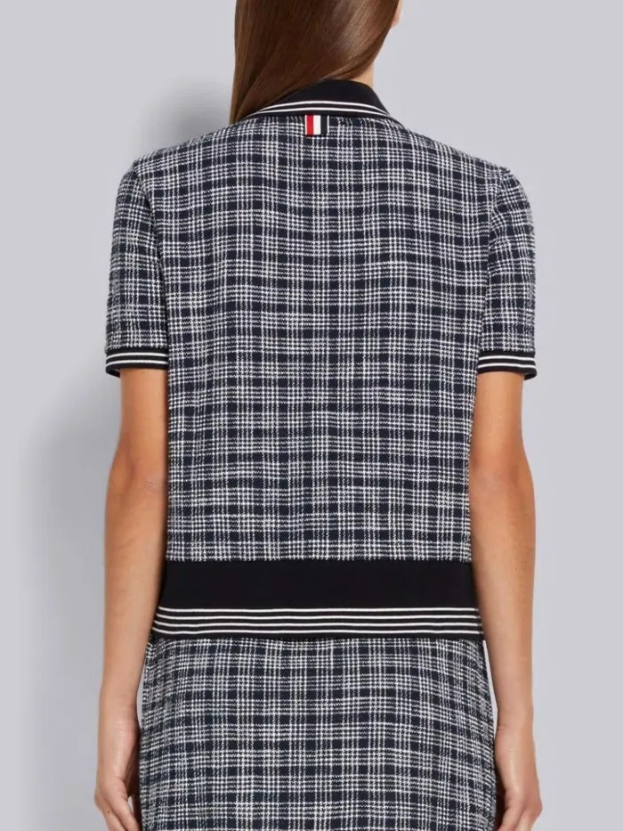 Textured Micro 4bar Check Cotton Tweed Rib Cuff Polo Navy Women Thom Browne Tshirts and Polos