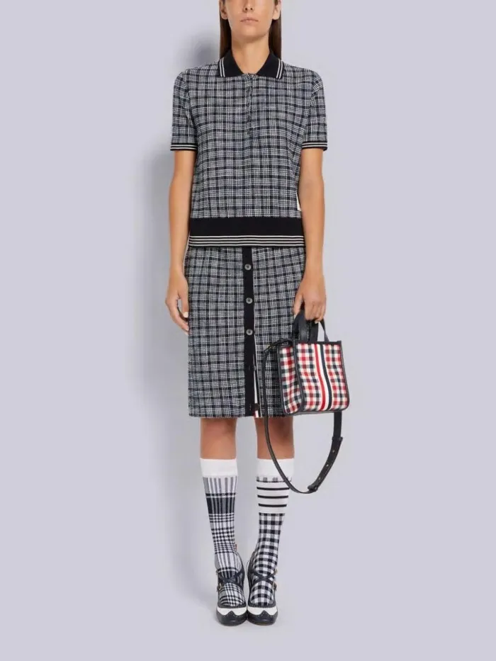 Textured Micro 4bar Check Cotton Tweed Rib Cuff Polo Navy Women Thom Browne Tshirts and Polos