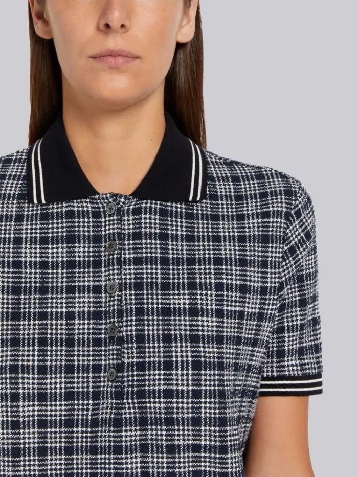 Textured Micro 4bar Check Cotton Tweed Rib Cuff Polo Navy Women Thom Browne Tshirts and Polos
