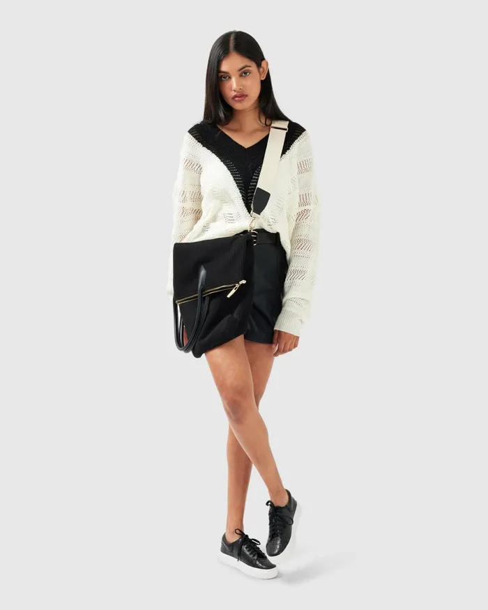 This Moment Oversized VNeck Knit 8211 BlackWhite Women Tops Belle and Bloom