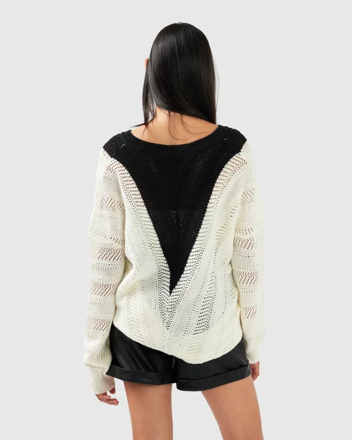 This Moment Oversized VNeck Knit 8211 BlackWhite Women Tops Belle and Bloom