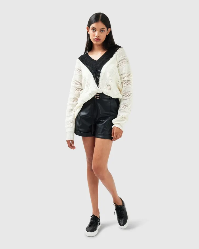 This Moment Oversized VNeck Knit 8211 BlackWhite Women Tops Belle and Bloom