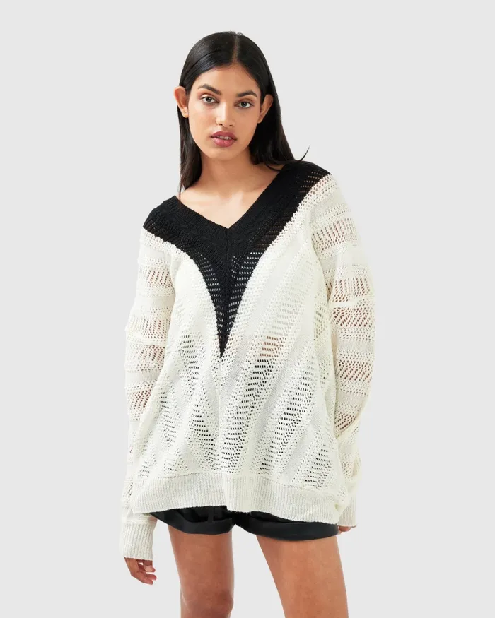 This Moment Oversized VNeck Knit 8211 BlackWhite Women Tops Belle and Bloom