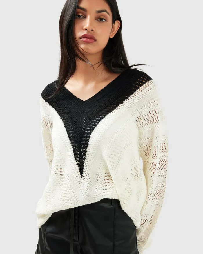 This Moment Oversized VNeck Knit 8211 BlackWhite Women Tops Belle and Bloom