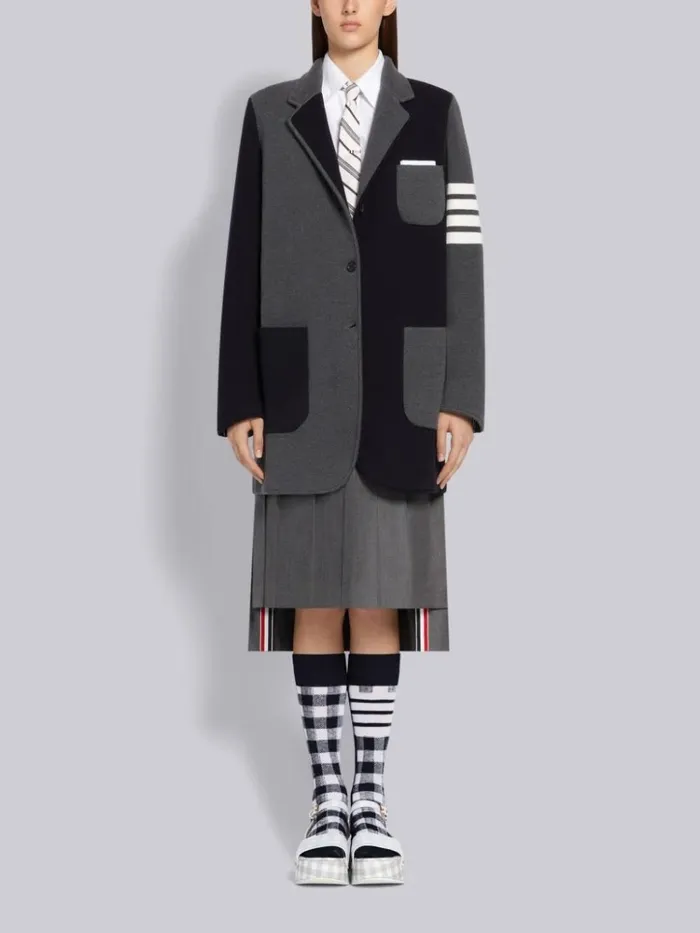 Tonal Grey Cotton Double Face Pique Funmix Narrow Shoulder 4bar Sack Jacket Multi Seasonal Women Thom Browne Outerwear Tonal Grey Cotton Double Face Pique Funmix Narrow Shoulder 4bar Sack Jacket Multi Seasonal Women Thom Browne Outerwear