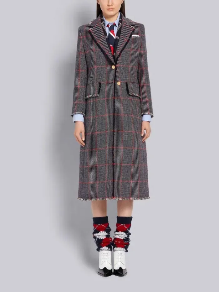 Tricolor Oversized Check Hunting Wool Tweed Frayed Wide Lapel Overcoat Rwbwht Women Thom Browne Outerwear
